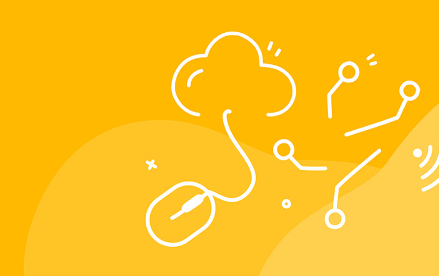 Yellow background with a computer mouse and a cloud with wifi signal illustration