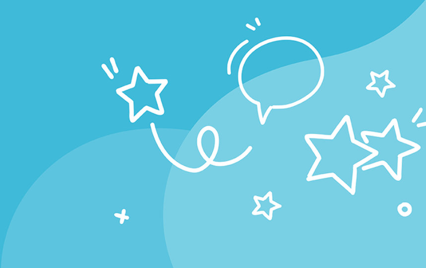 blue background with speech bubble and stars illustrations