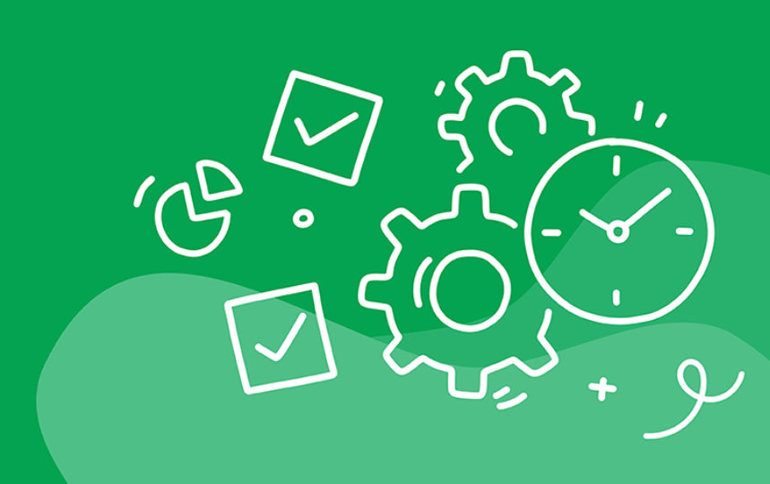 Green background with a pie chart and clocks and cog wheels illustration