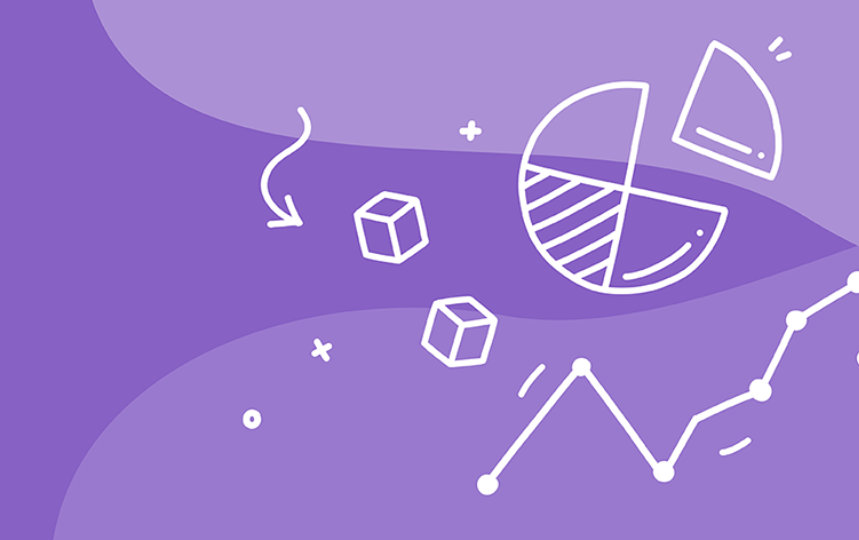 Purple background with a pie chart with lines and check boxes