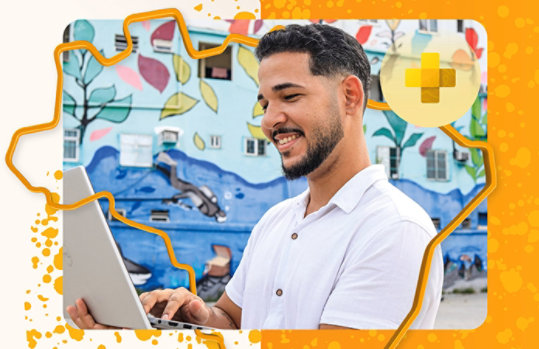 Pessoa com laptop, mural colorido e ícone de saúde