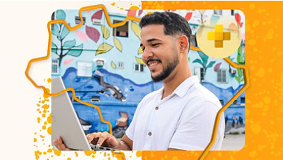 Pessoa com laptop ao ar livre, mural colorido e ícone de saúde