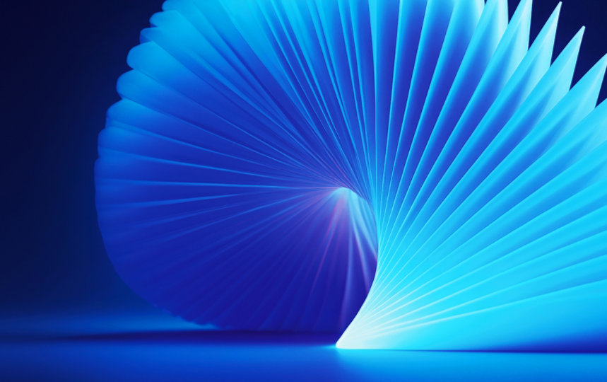 Abstract digital artwork with bright blue and white curved light patterns forming a spiral on a dark background
