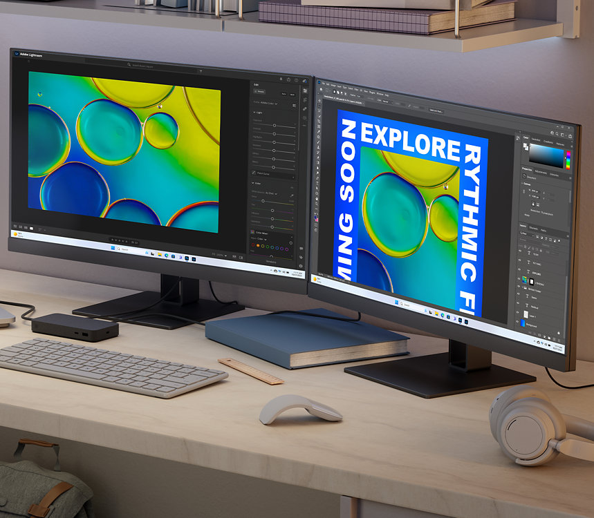 Op een bureau is een Surface Laptop Studio 2 voor zakelijk gebruik verbonden met twee extra beeldschermen en andere verschillende accessoires, die enkele van de accessoires voorstellen waarmee de Surface Laptop Studio 2 voor zakelijk gebruik kan worden verbonden. 
