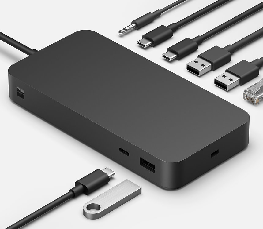 The various ports of Surface Thunderbolt™ 4 Dock surrounded by various connective cables. 