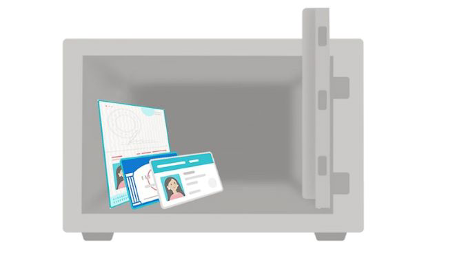 Illustration of documents in a gray safe.