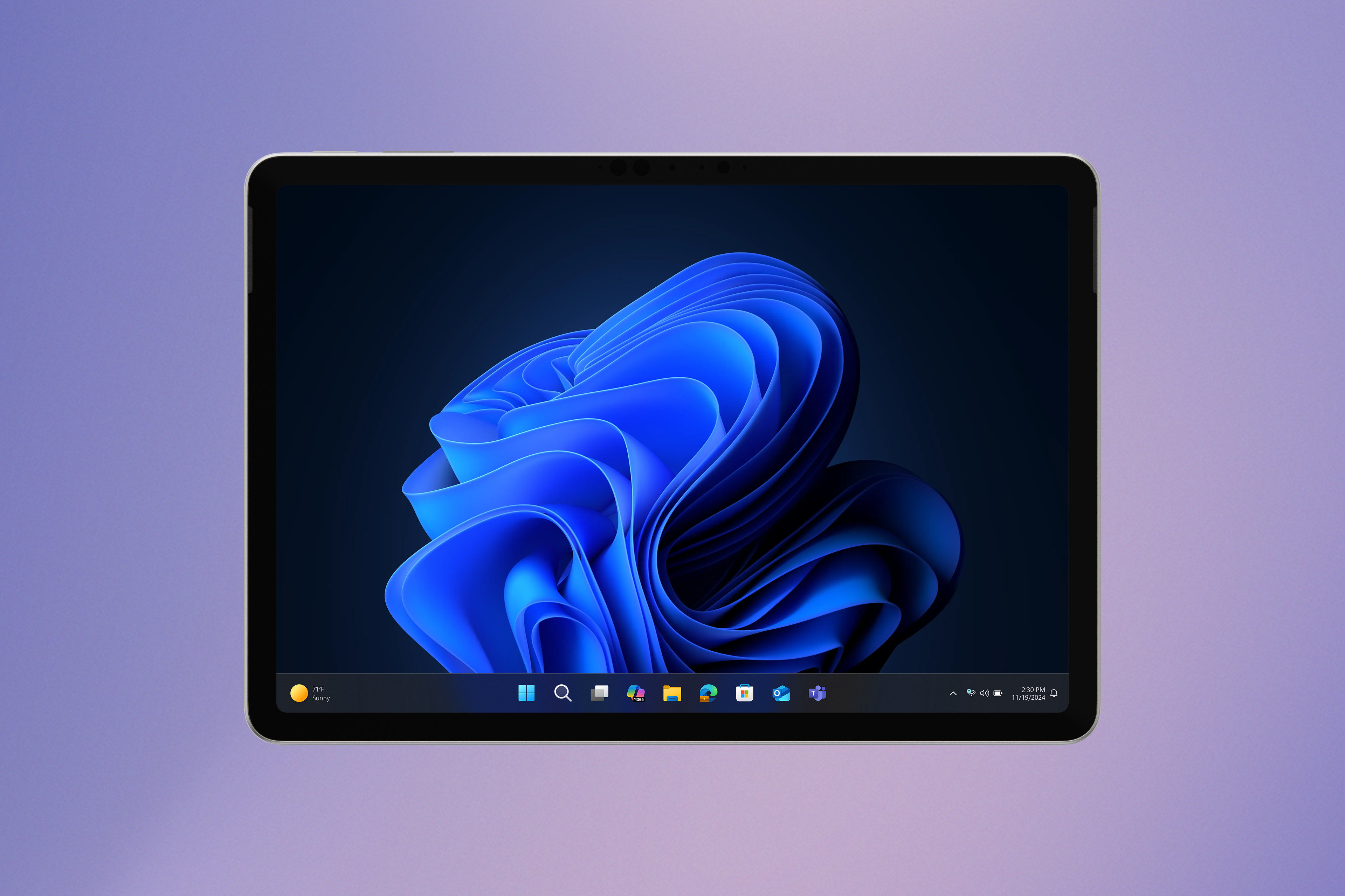 A Surface 2-in-1 PC displaying a Windows blue bloom image against a gradient violet background