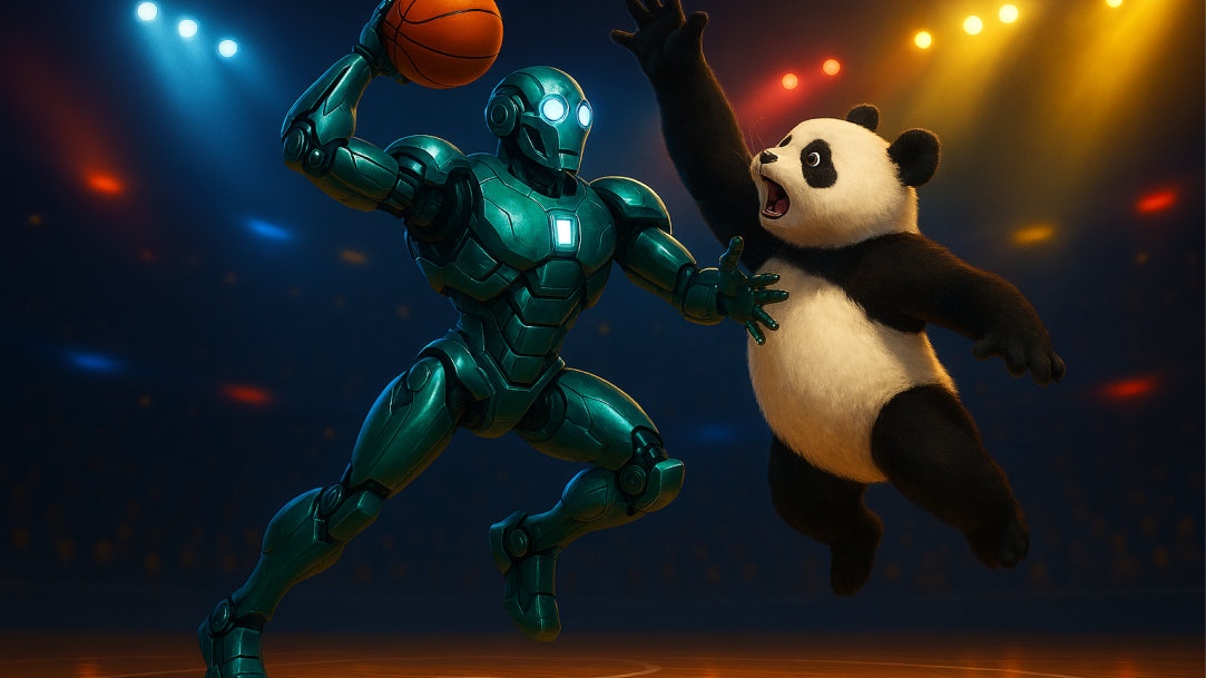 3D Robot and Panda playing basketball in arena