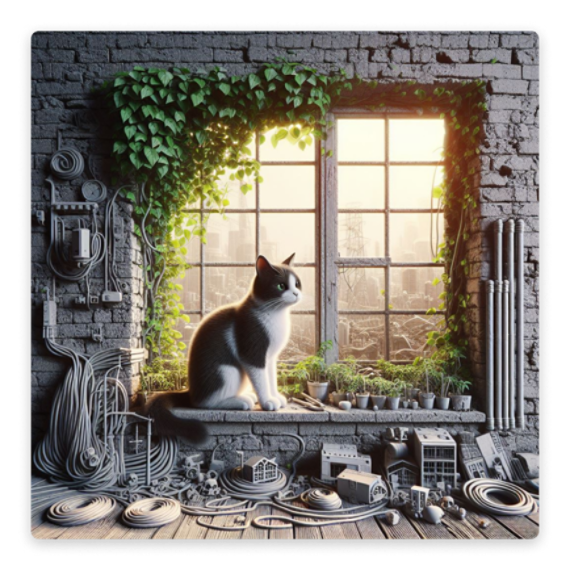 A 3D environmental art image of a small black and white cat sitting on a windowsill