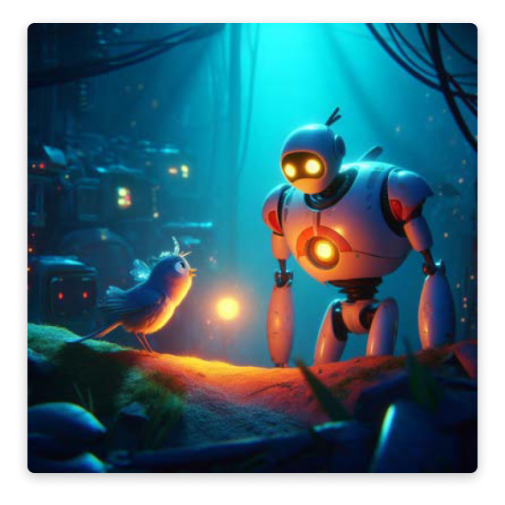 A 3D scene of an animated robot and a little bird