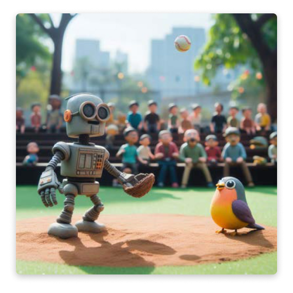 A Claymation of a robot playing catch with a bird at a park, surrounded by onlookers