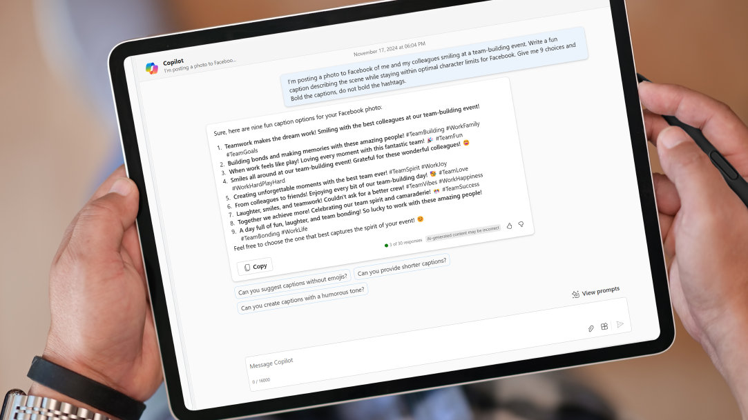 A Copilot chat window with a person generating social media captions on a tablet