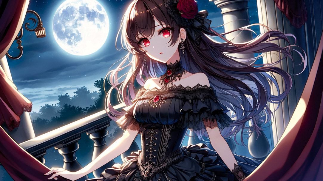 A Josei-style vampire character standing on a balcony in the moonlight