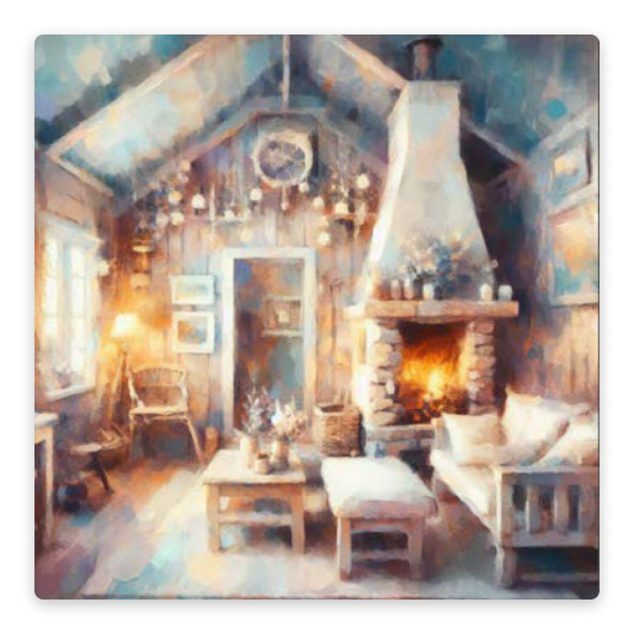 A Monet-inspired painting of a tiny, cozy house interior