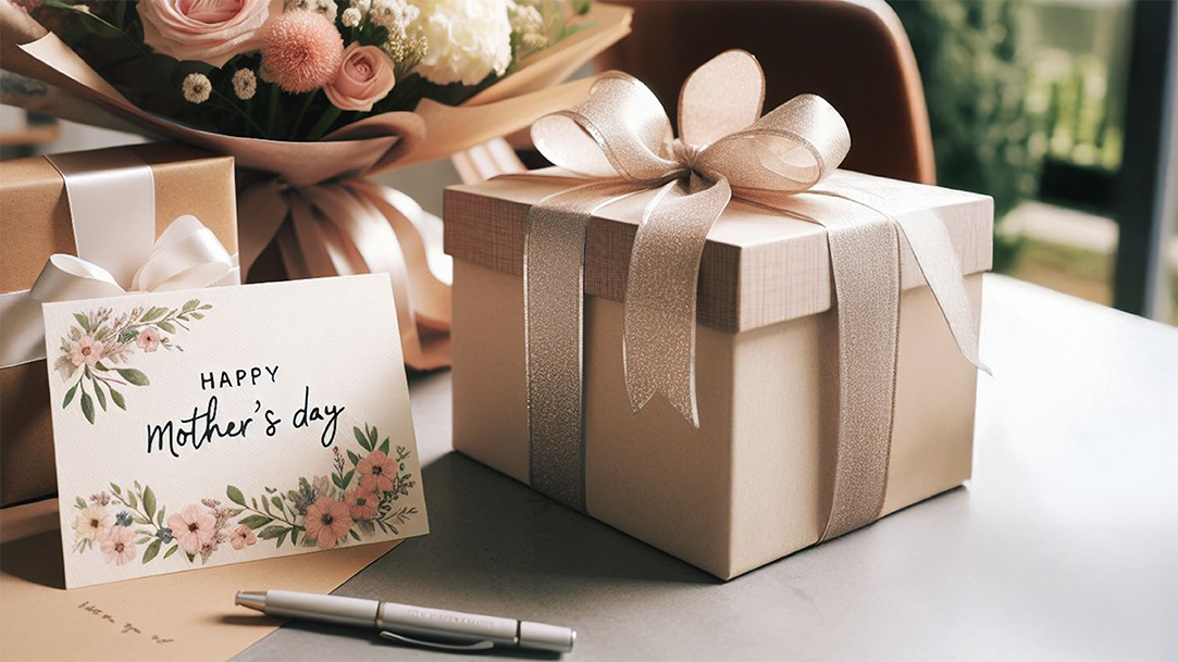 A Mother’s Day card, wrapped personalized gifts with ribbon, and bouquet of pink flowers on a table