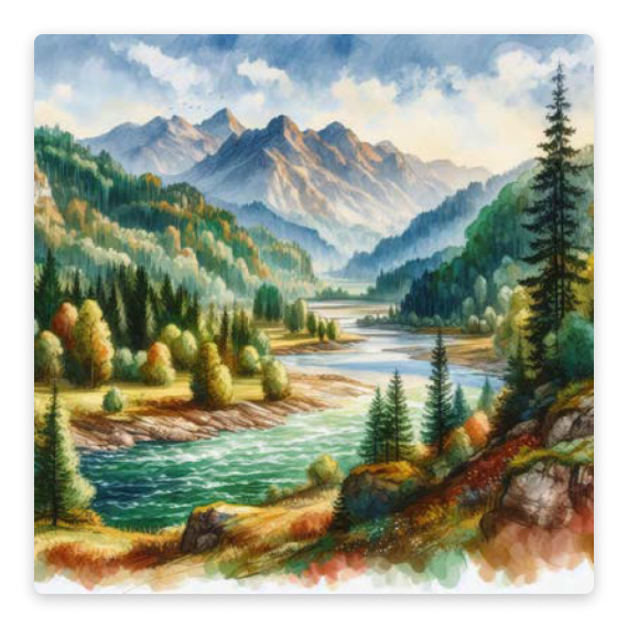 A Renaissance-style watercolor painting of a mountainous landscape with trees and a river