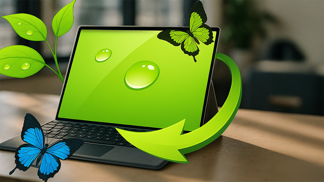 A Surface Pro surrounded by two butterflies, a leafy plant, and a recycle arrow