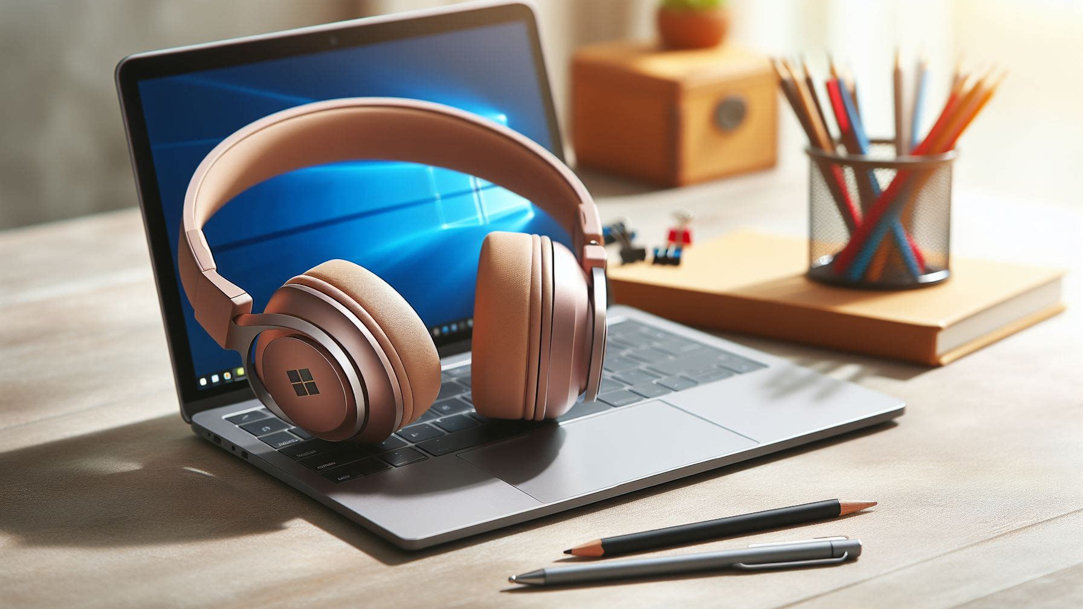 A Surface laptop and headphones lying on a desk