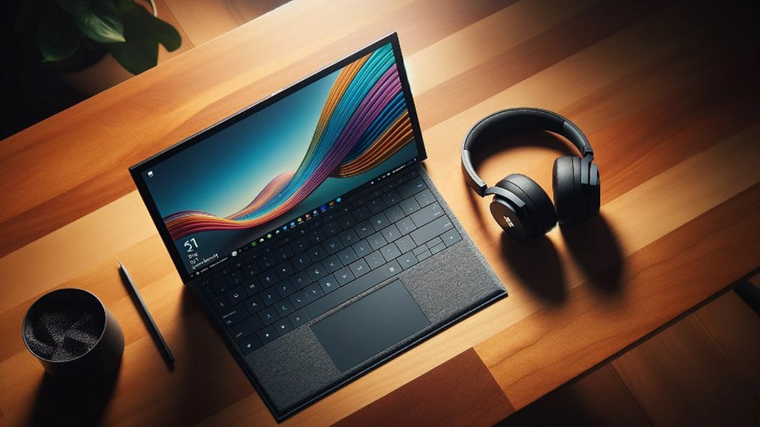A Surface laptop and headphones lying on a desk