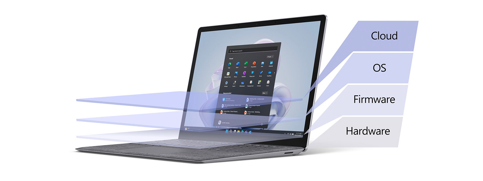 Een Surface-laptop bedekt met een kleurverloop dat verschillende beveiligingslagen voorstelt