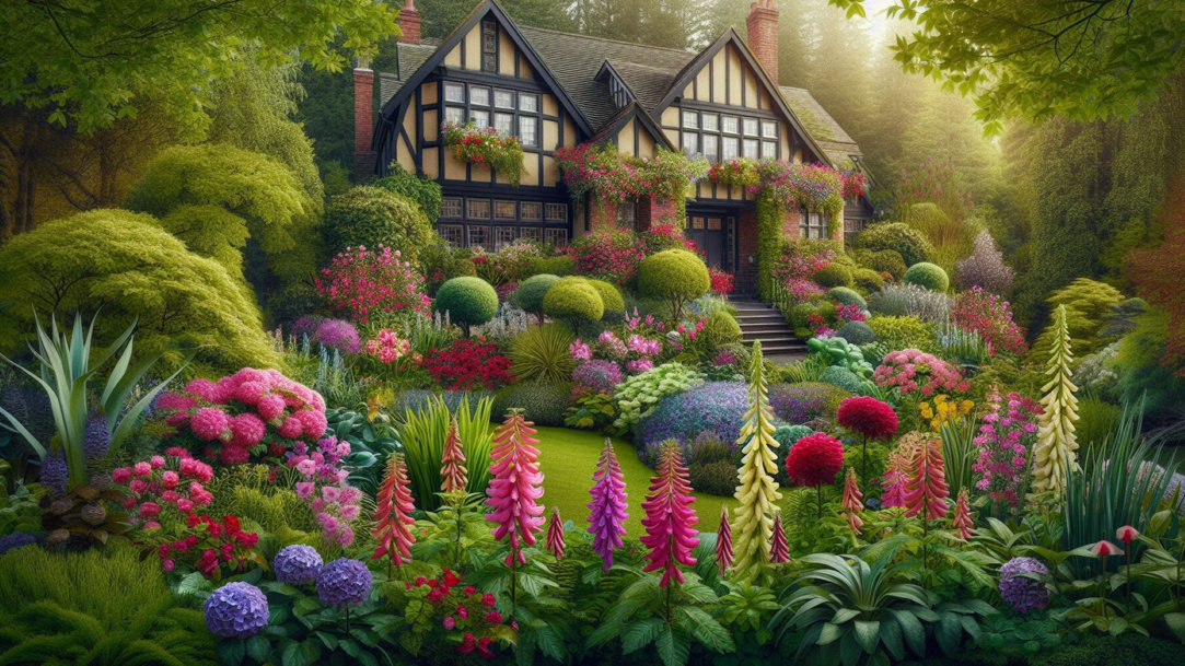 A Tudor-style house surrounded by a lush garden
