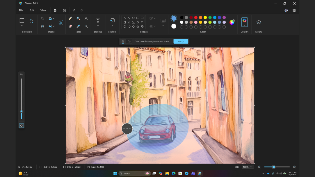 A Windows 11 screen in dark mode showing Generative Erase feature in Windows Paint