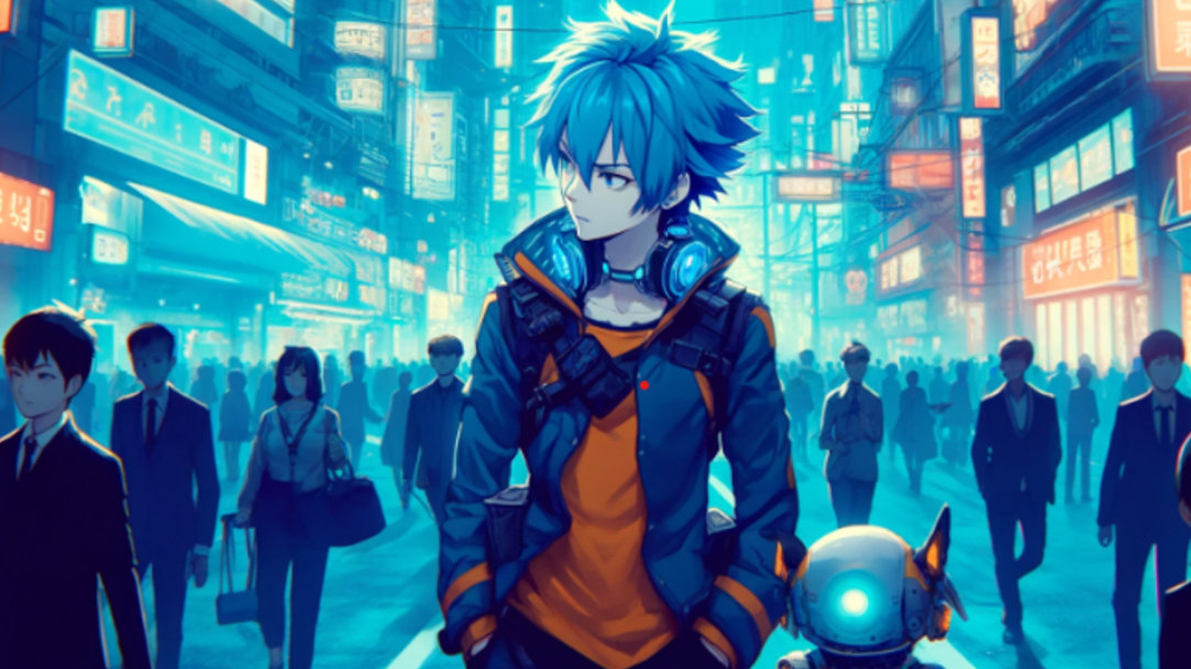 A blue-haired hero walking down a city street with a robot