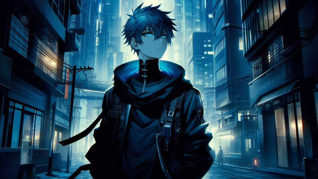 A blue-haired hero walking down a city street