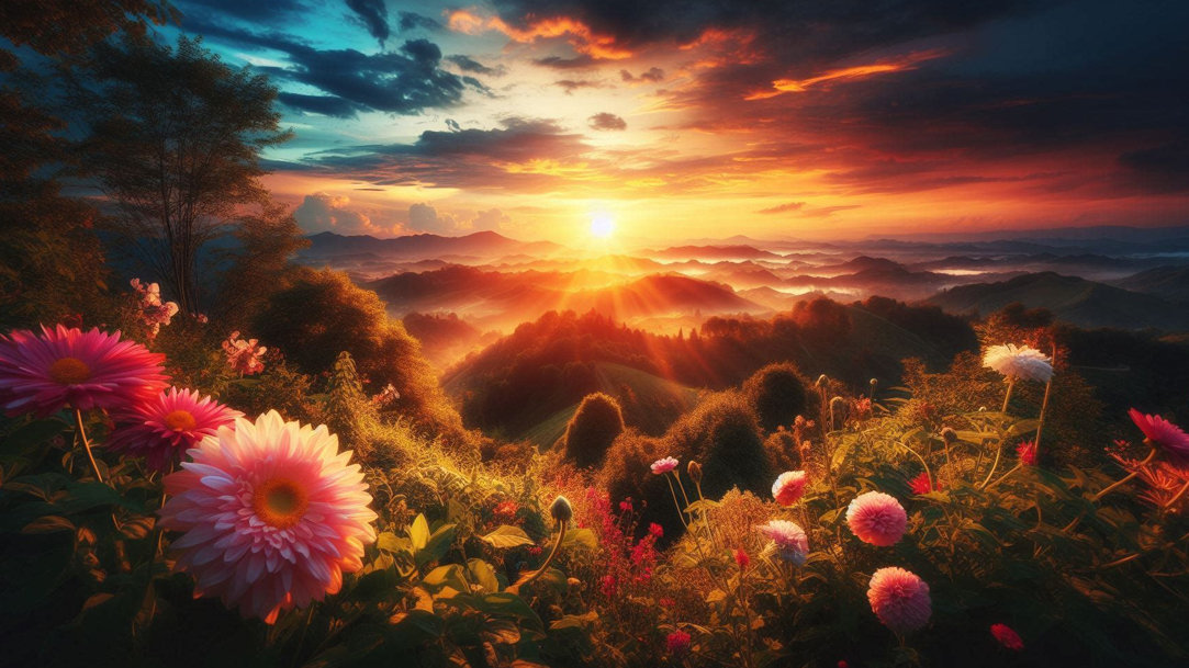 A bright sunset as seen from the top of a flowered hill