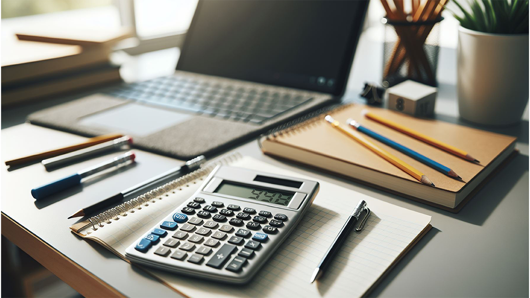 A calculator, pencils, Surface Laptop, and math homework help on a desk