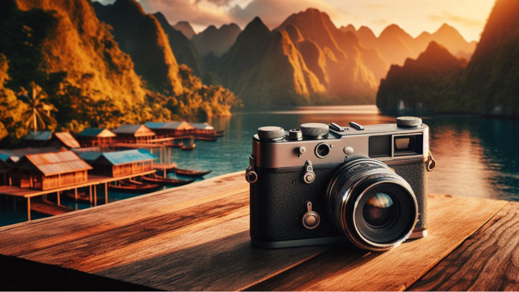 A camera sitting on a table in front of a mountain lake