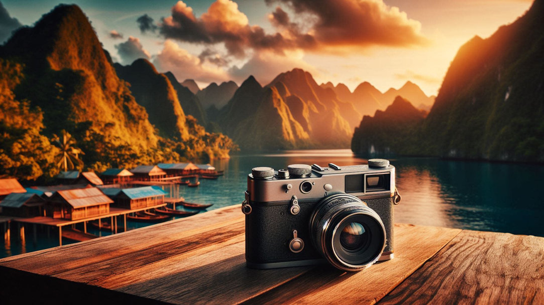 A camera sitting on a table in front of a mountain lake