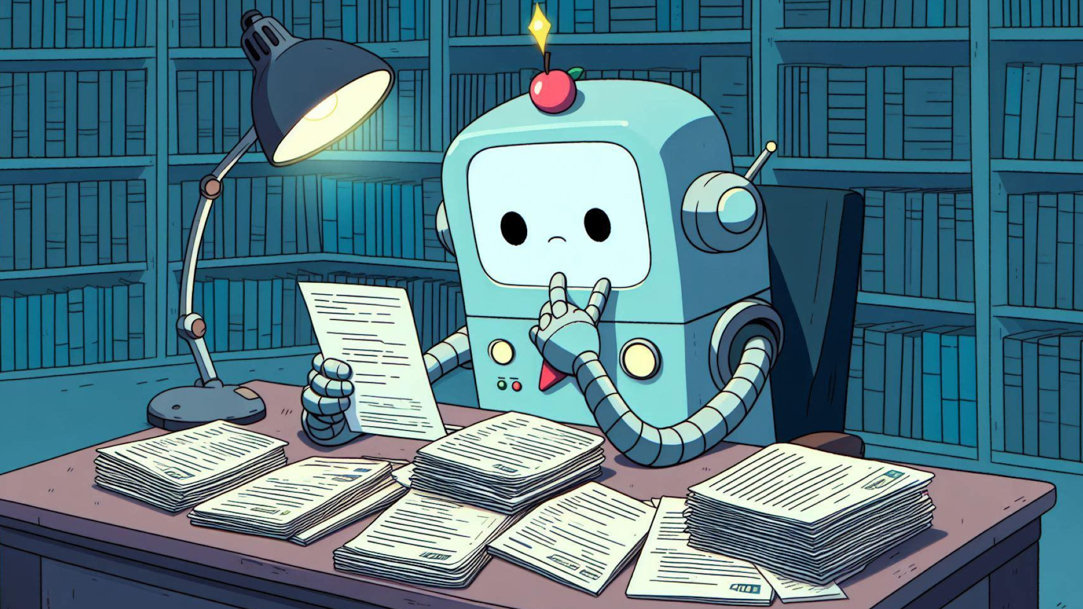 A cartoon robot looking through résumés