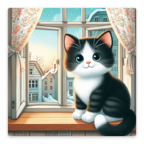 A children’s book illustration of a small black and white cat sitting on a windowsill