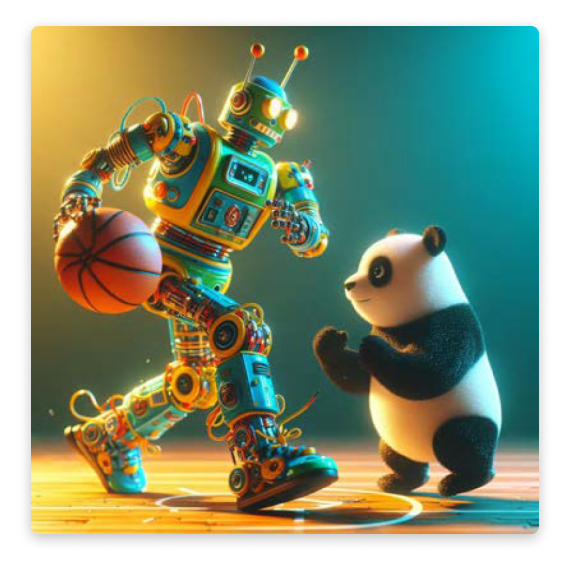 A cinematic, 3D Claymation of a robot playing basketball with a panda