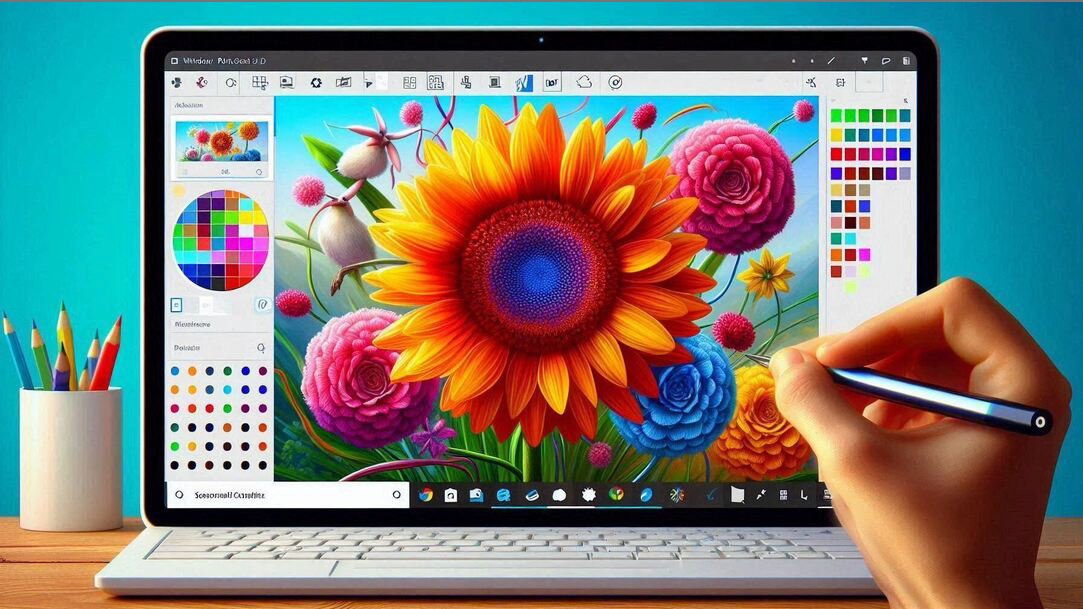 A close-up of an image of a flower being edited in the Windows Paint app on a computer screen