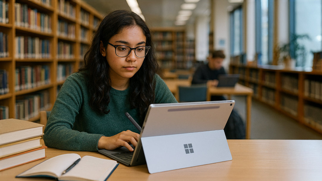 A college student in a library using a Surface Pro