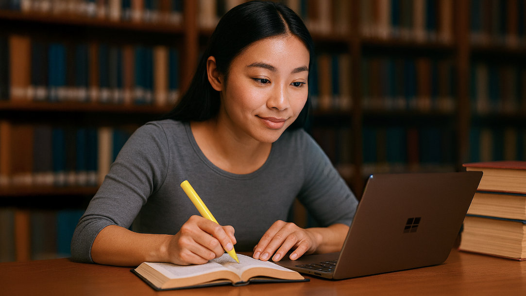 A college student in the library studying and using AI tools on her laptop to help her in her studies