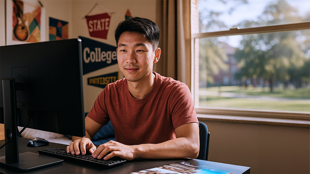 A college student researches best AI laptops for school