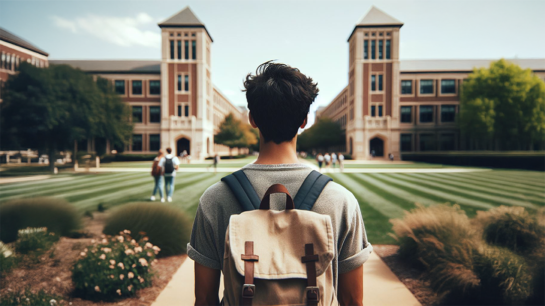 A college student wearing a backpack faces two university buildings on campus with their back to the camera