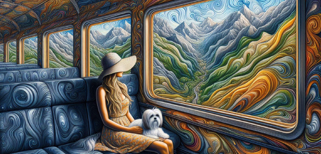 A colorful acrylic illustration of a woman riding a train with a dog