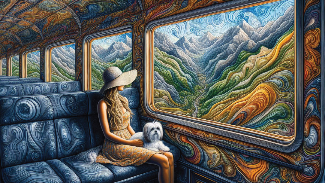 A colorful acrylic illustration of a woman riding a train with a dog