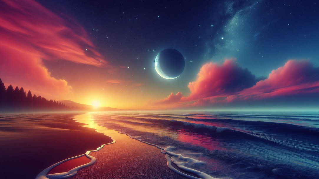A colorful sunset featuring a crescent moon over a sandy shoreline
