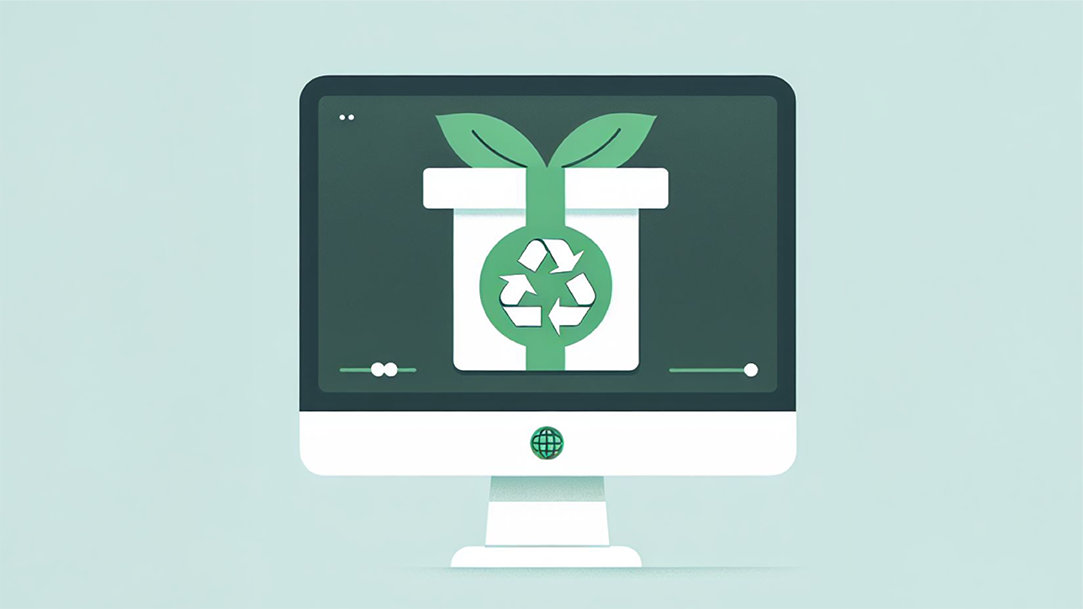 A computer with an eco-friendly gift tied with a green leaf bow