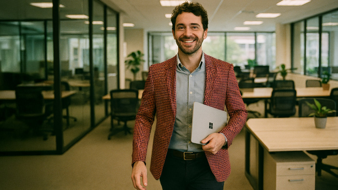 A confident businessperson walks through an office space while carrying a Surface laptop after using it as an AI notes generator for a meeting