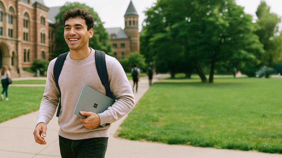 A confident college student walking across campus