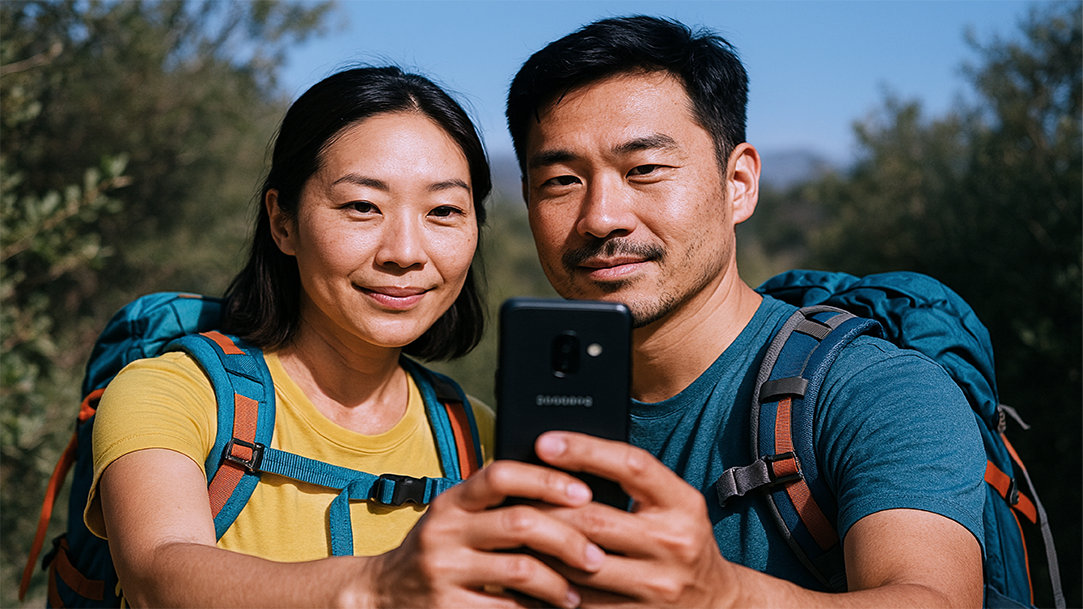 A couple on a nature hike after using Copilot’s AI tools to generate ideas for free time