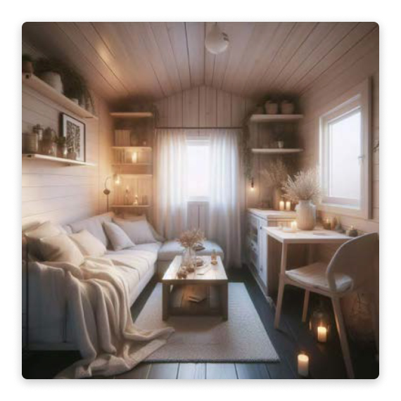 A cozy tiny house interior with soft lighting