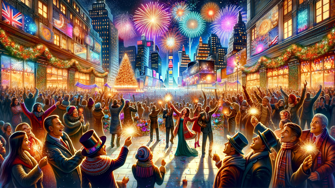 A crowded outdoor New Year’s Eve celebration
