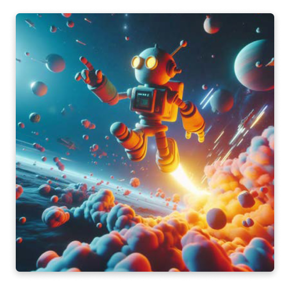 A cyberpunk, 3D Claymation robot flying through space